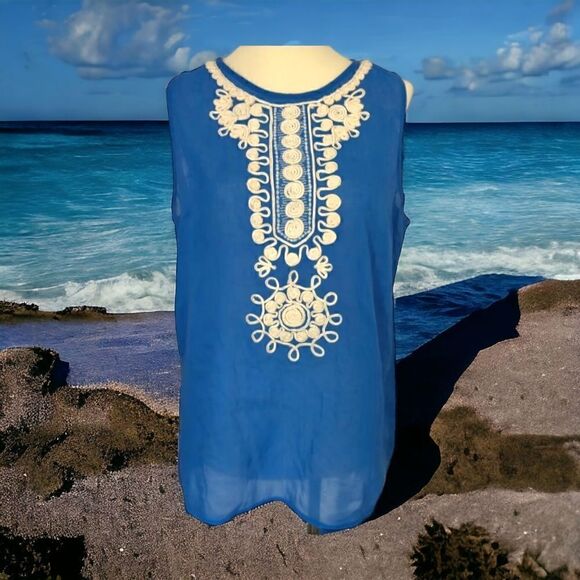 Banana Republic Top Sz 8 Gauzy Sheer Cotton Embroidery Sleeveless Zipper Blue. - Picture 1 of 16